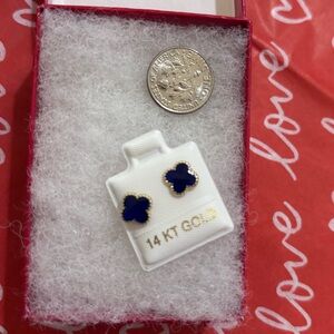14 KT Gold Kids Navy Blue Clover Stud Earrings
